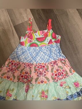 Matilda Jane Platinum Multi-Print Tiered Cotton Summer Watermelon Dress Size 8